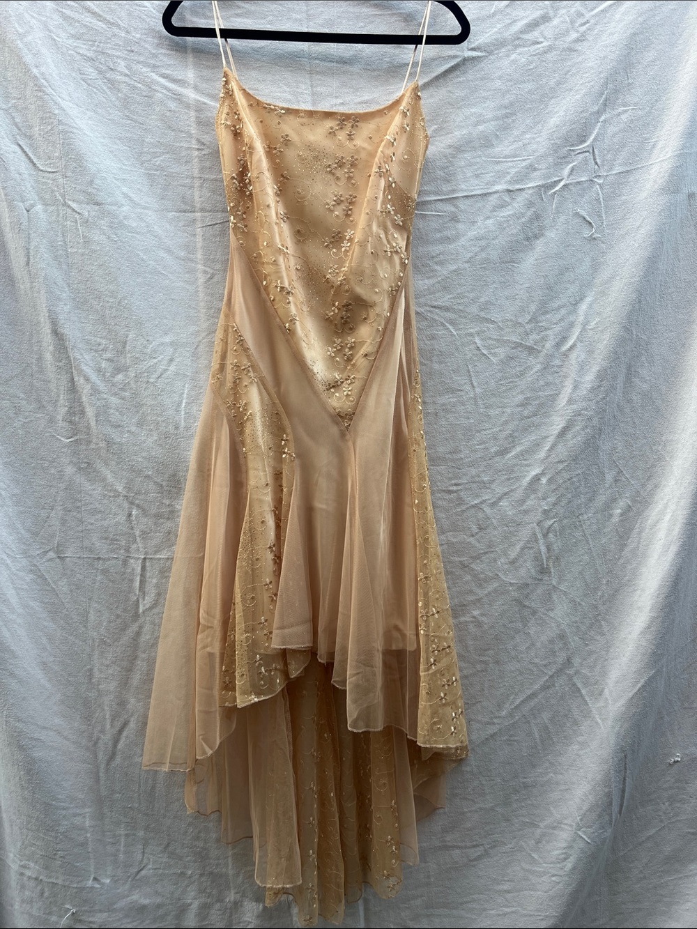 Elegant Beige Beaded Asymmetric Slip Dress